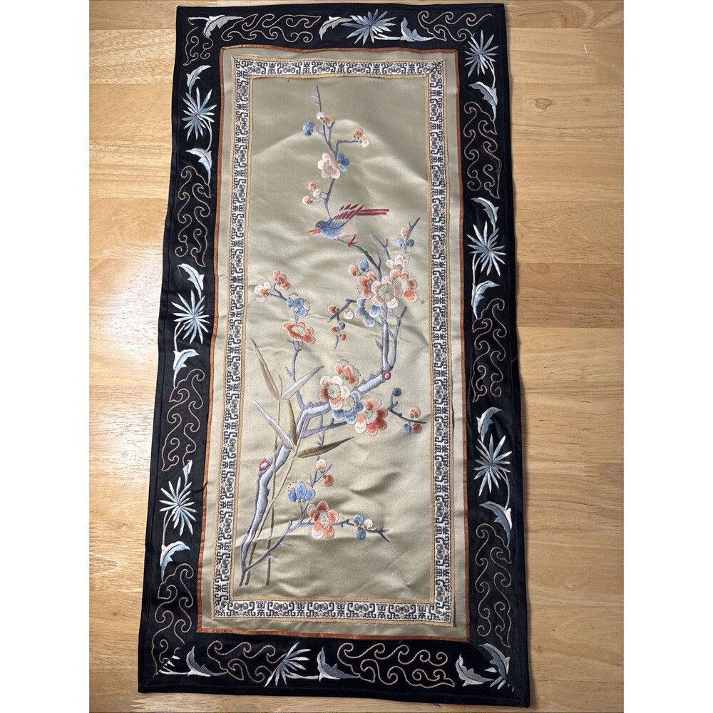 Vintage Asian Silk Hand Embroidered Tapestry Floral Bird Design 13”x26” - Picture 1 of 16